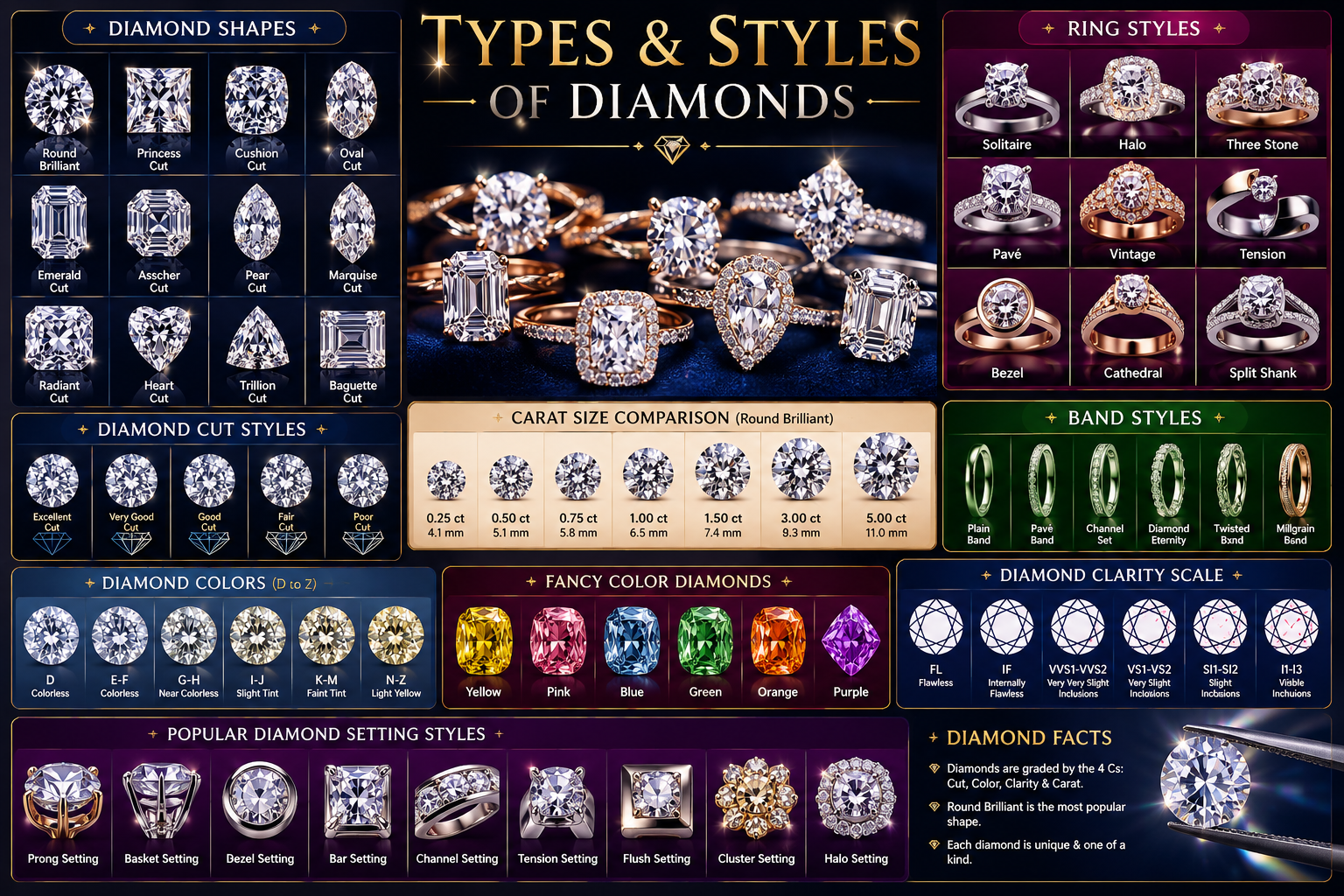 Diamond Don educational reference: shapes, settings, colors, clarity, carat and ring styles
