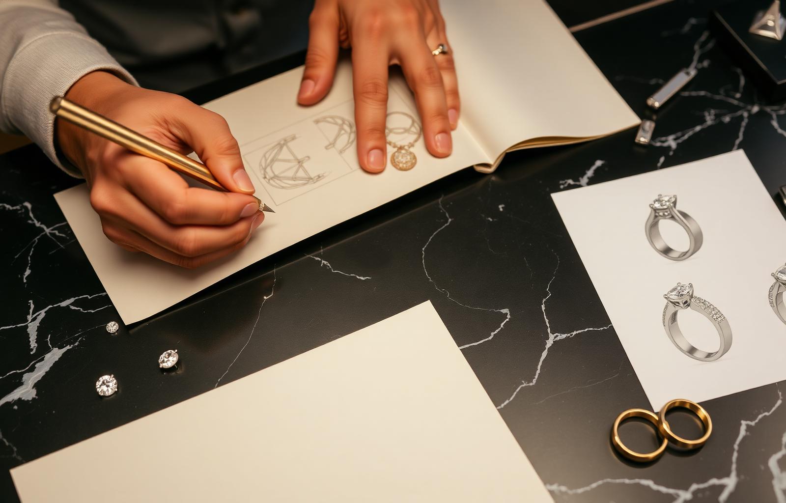The custom ring design process: sketches, CAD, diamond selection, finished ring