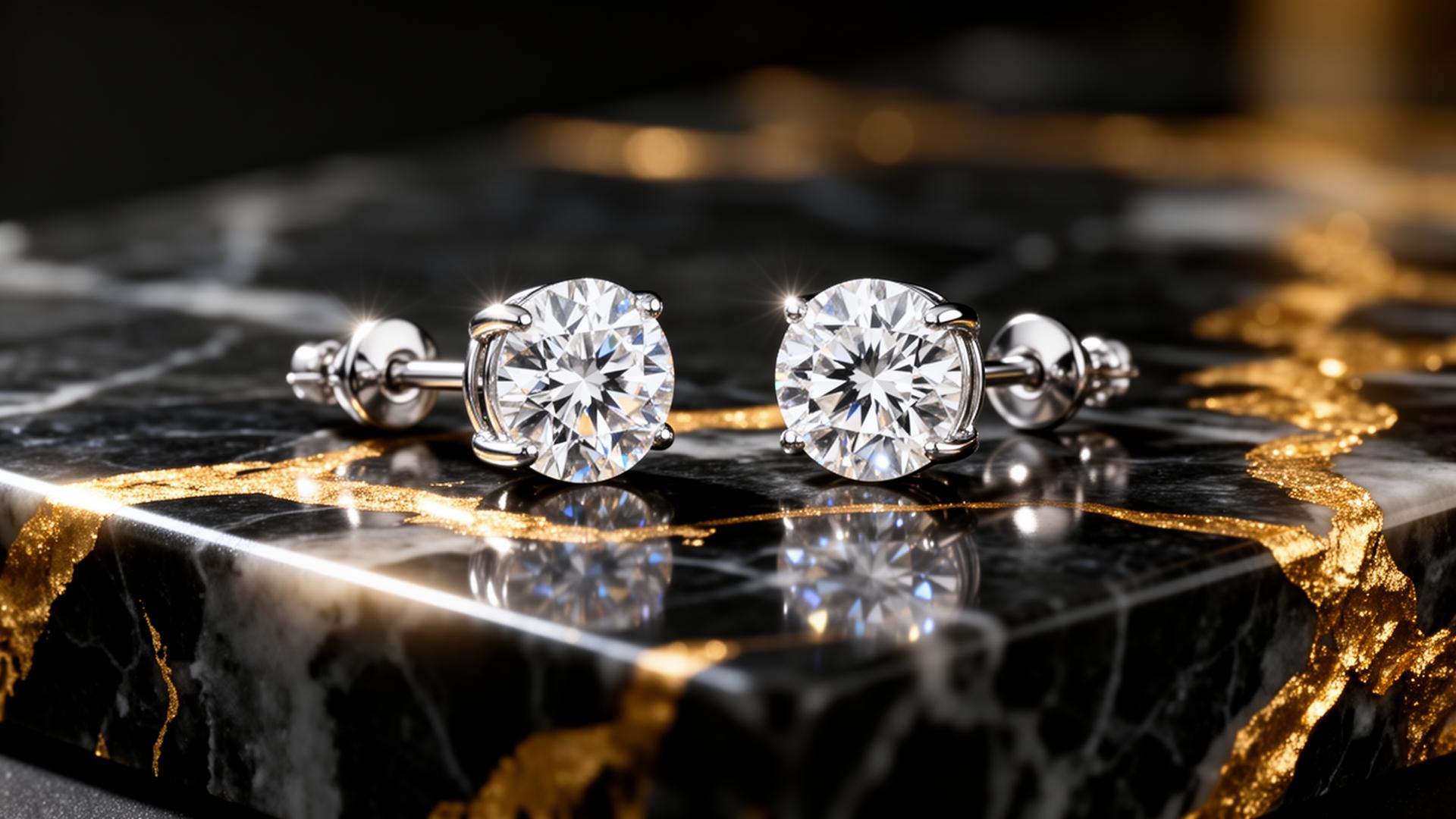 Complimentary diamond stud earrings on black marble